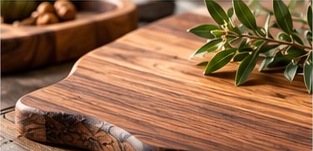 Natural walnut cutting board with olive branches