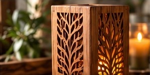 Wooden lantern with intricate tree cutouts