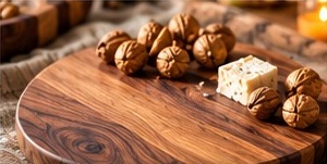 Round walnut serving board with walnuts and cheese